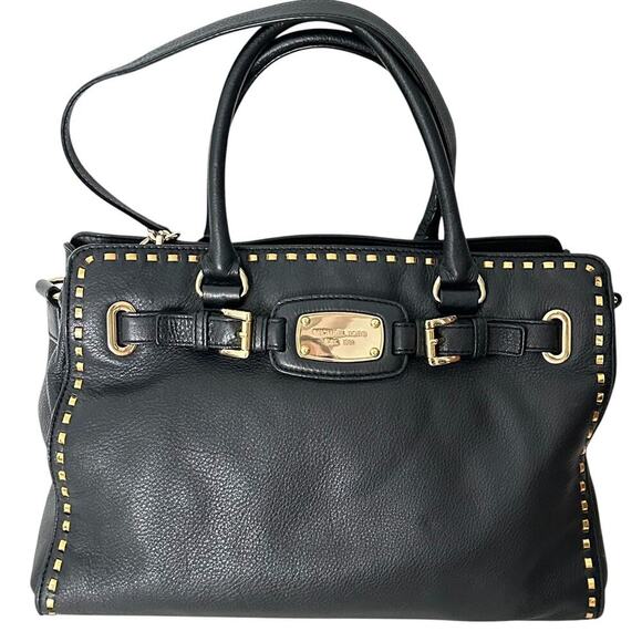 Michael Kors Hamilton Black Leather  w/ Gold Whipstitch Large Satchel Tote - Picture 1 of 16